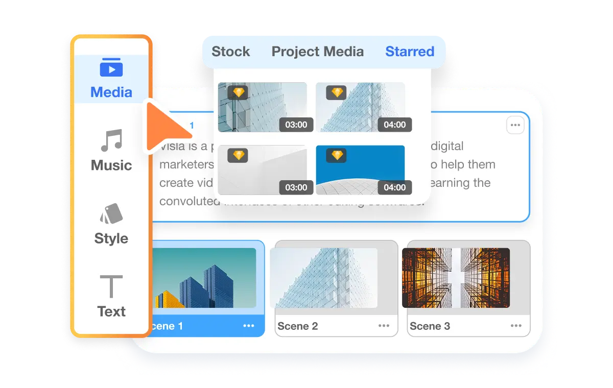 Visla media sharing for teams enables seamless access to high-quality B-roll, product shots, and music tracks for efficient video editing.